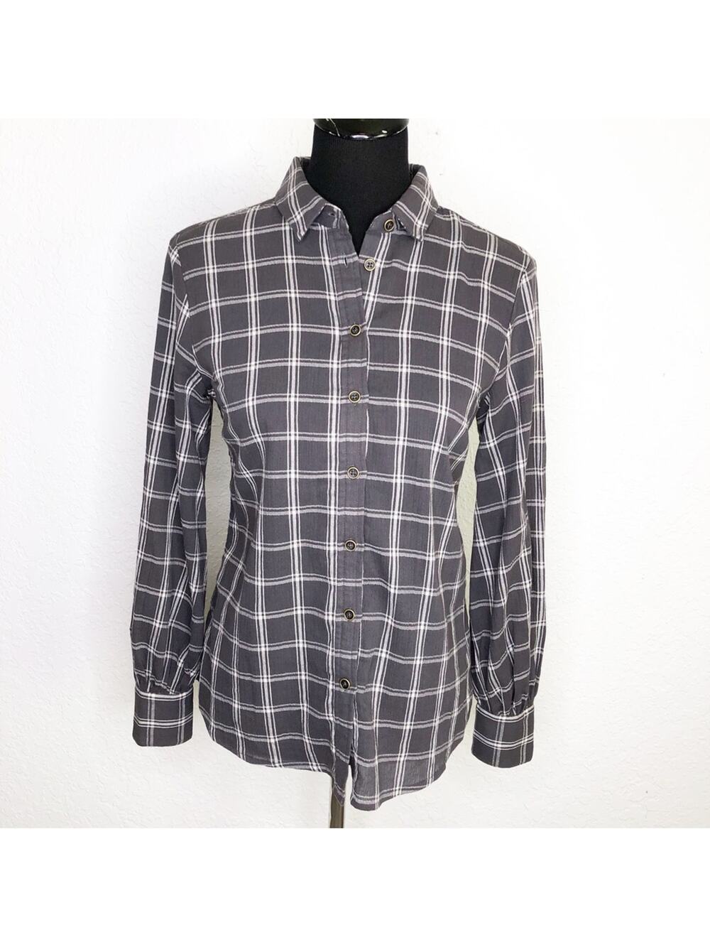 Garnet Hill gray white plaid button down top size 2